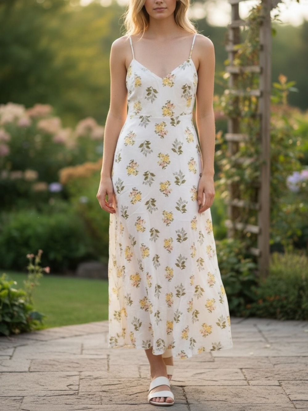 ZARA White Pink Yellow Floral Linen Blend Cami Slip Dress